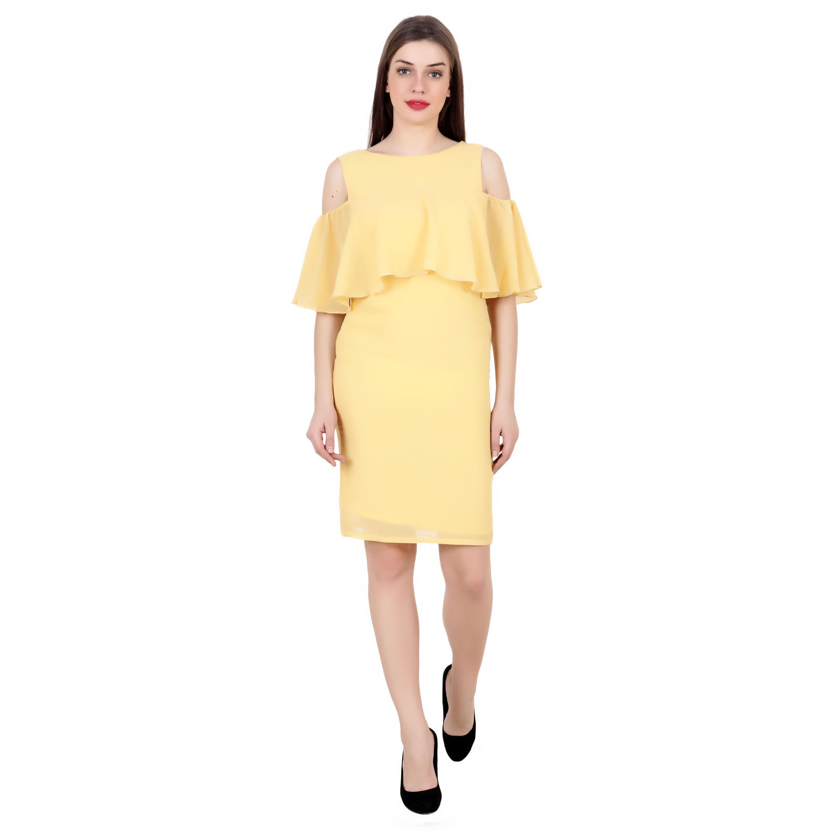 YELLOW MIDI RUFFLE CAPE DRESS